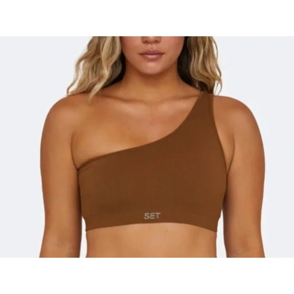 SET ACTIVE sculptex ribbed one shoulder bra in brown size S